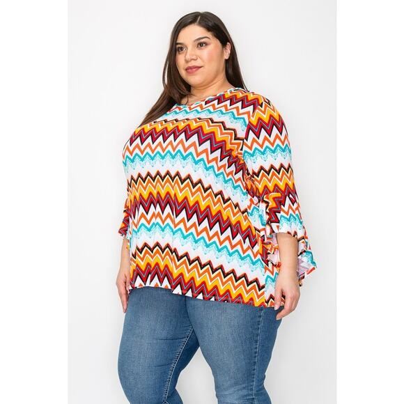 065 Curvy Lovey Chevron Print V-Neck Tunic Top Asymmetrical Sleeves - Picture 2 of 5